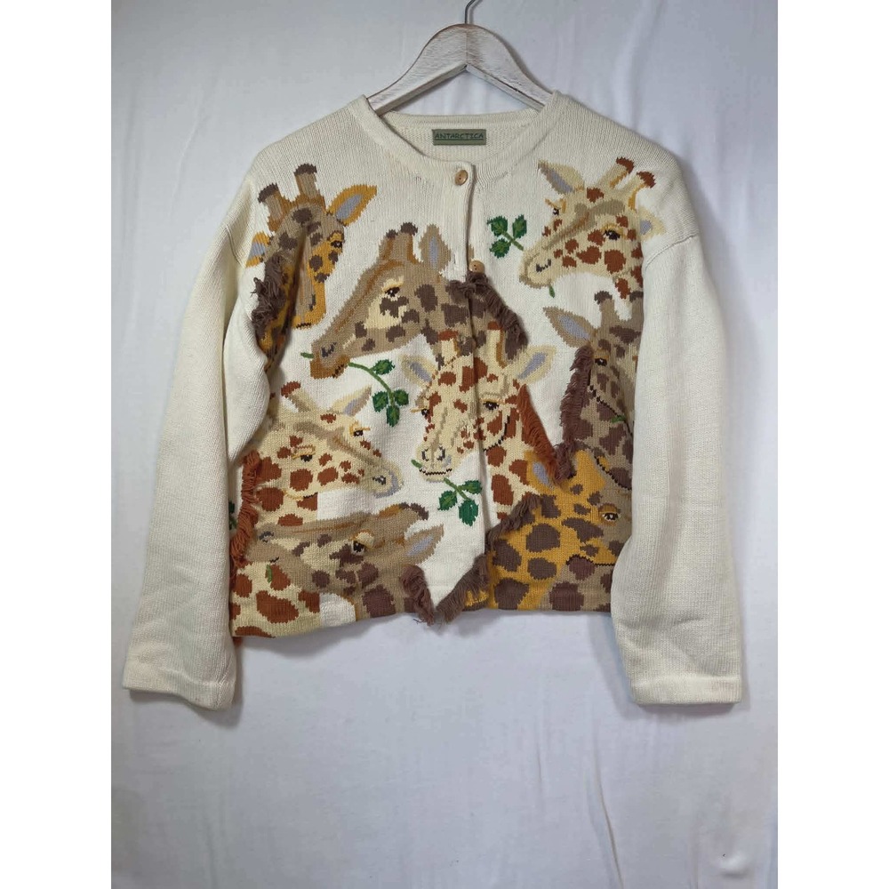 Vintage 90s Antarctica Giraffe Knit Cardigan Cream‎ 3D Fringe Animal Sweater